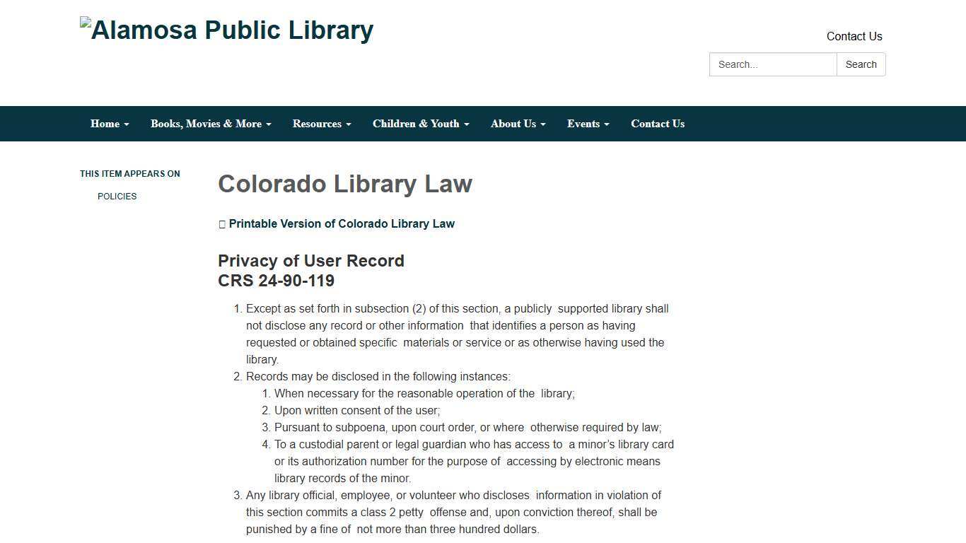 Colorado Library Law - Alamosa Public Library