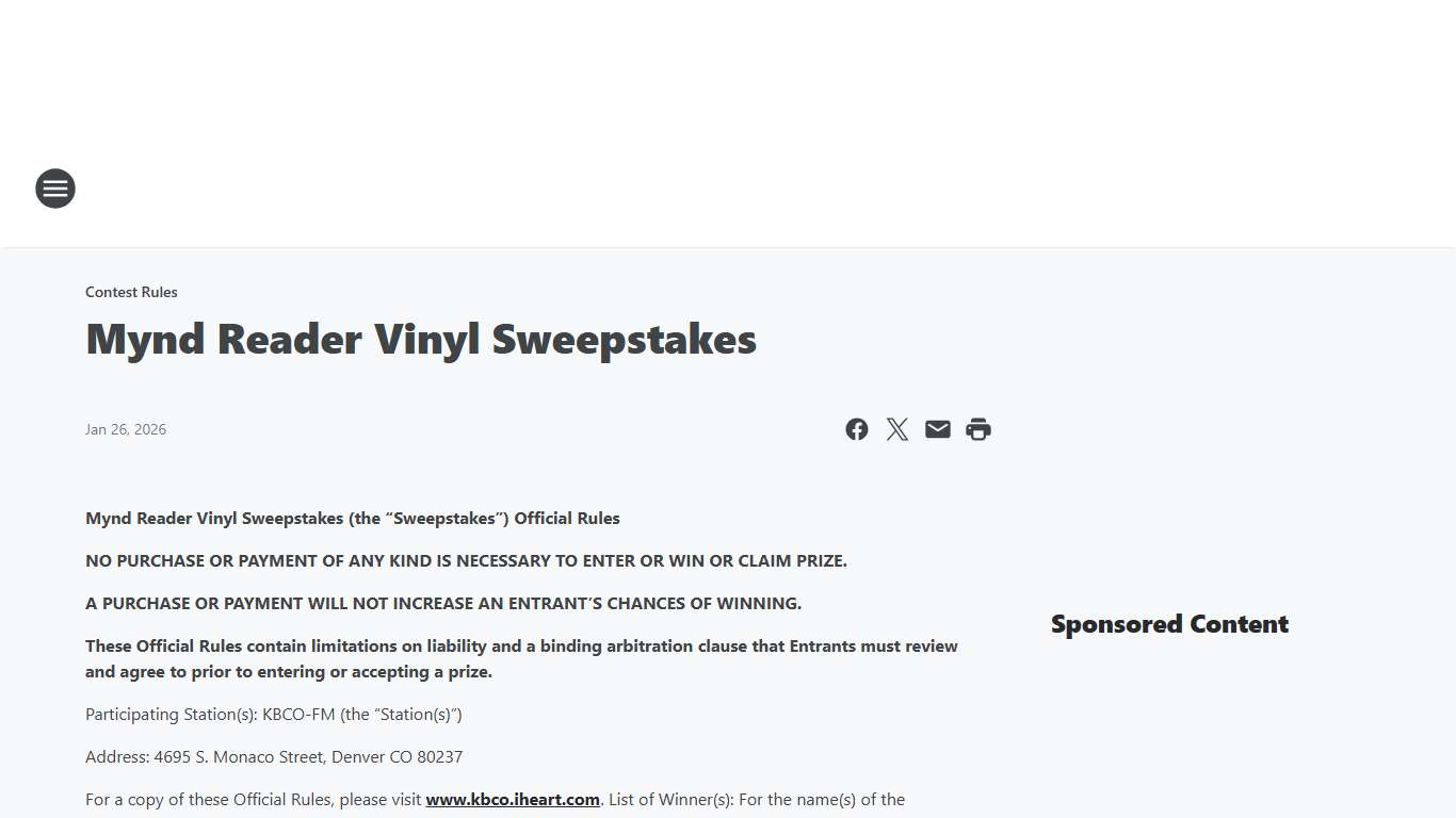 Mynd Reader Vinyl Sweepstakes 97.3 KBCO